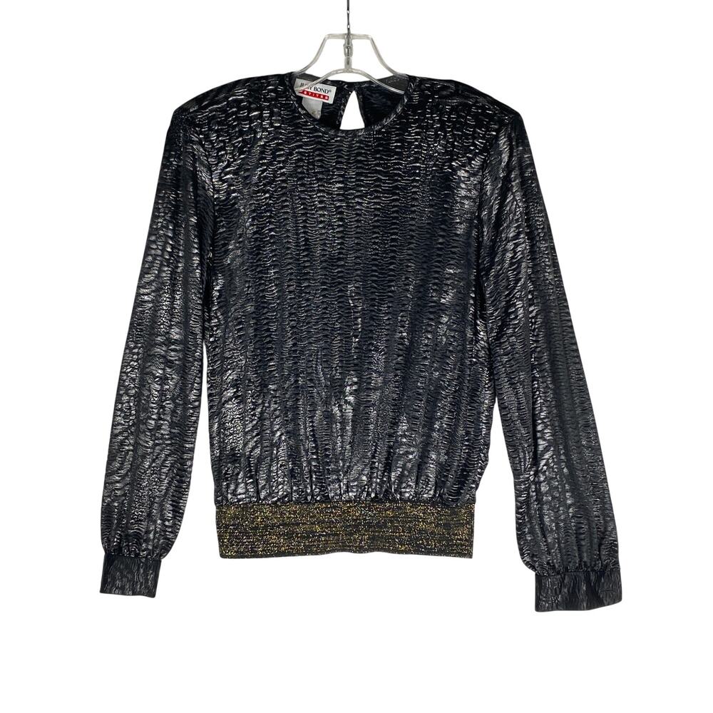 VTG Judy Bond Gold Foil Shimmer AOP Blouse Petite S Disco Retro Glam 80s Party